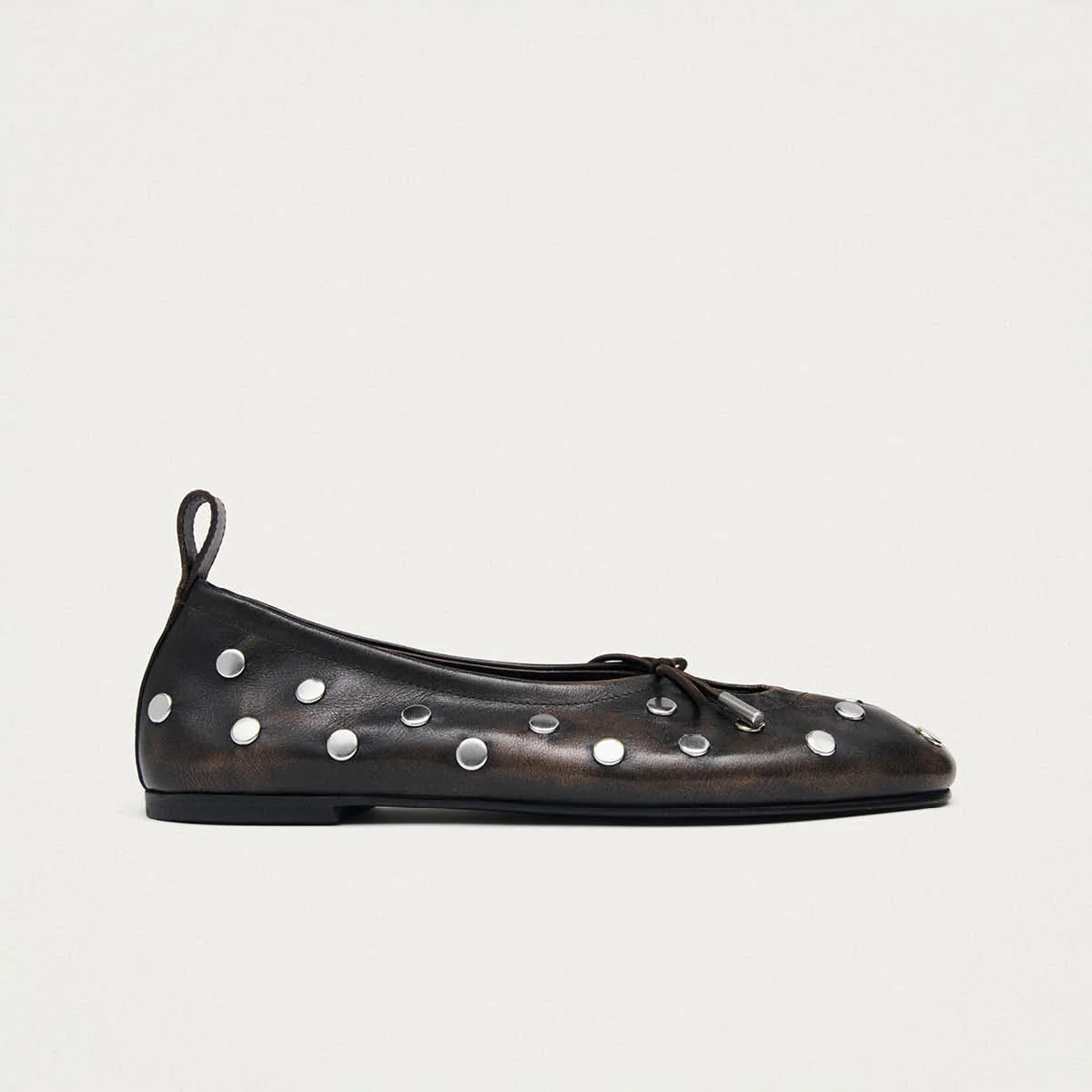 Rosalind All Studs Vintage Effect Brown Leather Ballet Flats